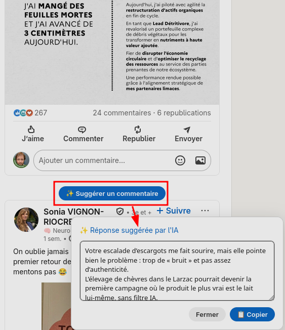 Capture d&rsquo;écran du bouton IA dans Linkedin